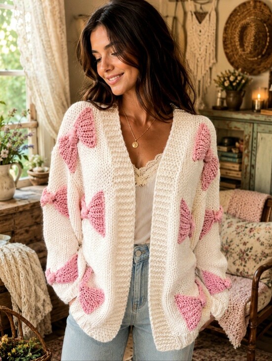 Altar'd State Sweaters - Altar'd  State Victoria Bow Cardigan Cream Pink Knit Open Front Sweater Size XS